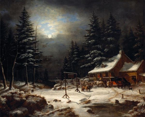 Gasthaus „Zum weißen Pferd“ bei Mondschein | Cornelius Krieghoff | Gemälde Reproduktion