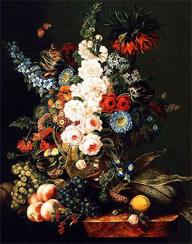 Still Life with Flowers, Fruit and Corn | Cornelius Krieghoff | Painting Reproduction