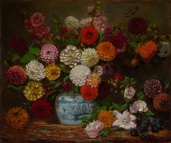 Still Life with Dahlias, Zinnias, Hollyhocks and Plums, c.1835 by Eugène Delacroix | Painting Reproduction