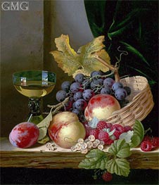 A Basket of Peaches and Grapes with Raspberries and a Roemer on a Wooden Ledge, n.d. by Edward Ladell | Painting Reproduction