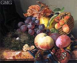 Still Life with Peaches, Plums, Cherries, Grapes a Pear and a Bird's Nest, undated by Edward Ladell | Painting Reproduction