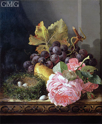 Still Life, Roses, Fruit and Bird's Nest, undated | Edward Ladell | Painting Reproduction