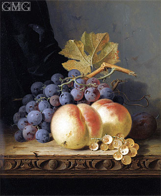 Stillleben mit Pfirsichen, Trauben und weißen Johannisbeeren | Edward Ladell | Gemälde Reproduktion