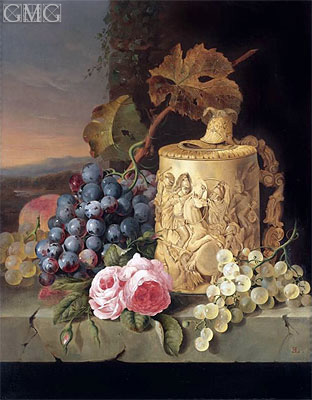 Still Life with Grapes, Roses wnd w Stein on a Marble Ledge, n.d. | Edward Ladell | Gemälde Reproduktion