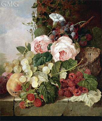 Still Life with Roses, Grapes, Peaches and Raspberries, 1858 | Edward Ladell | Gemälde Reproduktion