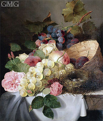 Still Life with Peaches, Grapes, Roses and a Bird's Nest, 1858 | Edward Ladell | Gemälde Reproduktion