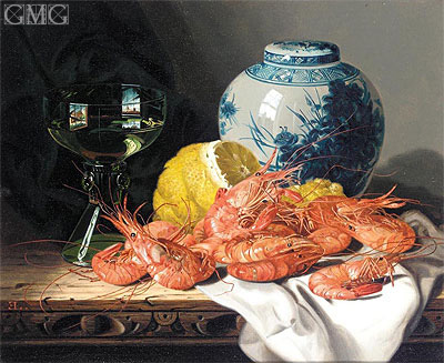 Still Life with Prawns, a Lemon, Wine Glass and Delft Pot, undated | Edward Ladell | Gemälde Reproduktion