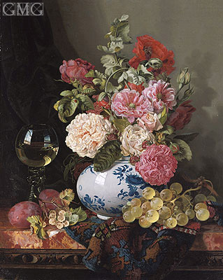 Mixed Flowers in a Chinese Vase with Grapes and a Wine Roemer, undated | Edward Ladell | Painting Reproduction