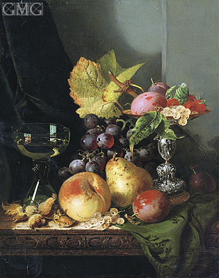 Plums, Raspberries and White Currants in a Tazza, n.d. | Edward Ladell