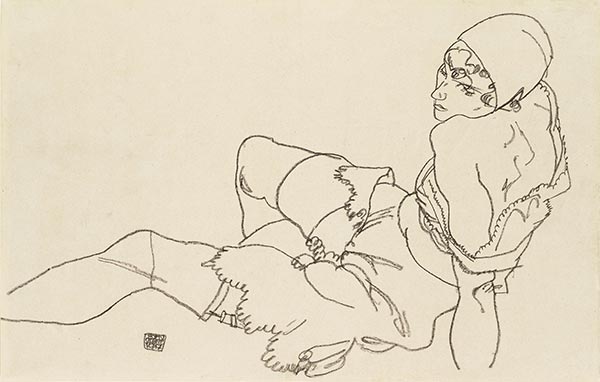 Sich aufstützende Frau in Unterwäsche, 1917 | Schiele | Gemälde Reproduktion