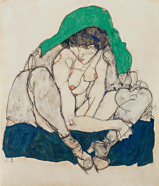 Kauernde mit grünem Kopftuch, 1914 | Schiele | Gemälde Reproduktion
