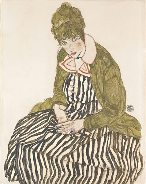 Edith Schiele in gestreiftem Kleid, sitzend, 1915 | Schiele | Gemälde Reproduktion