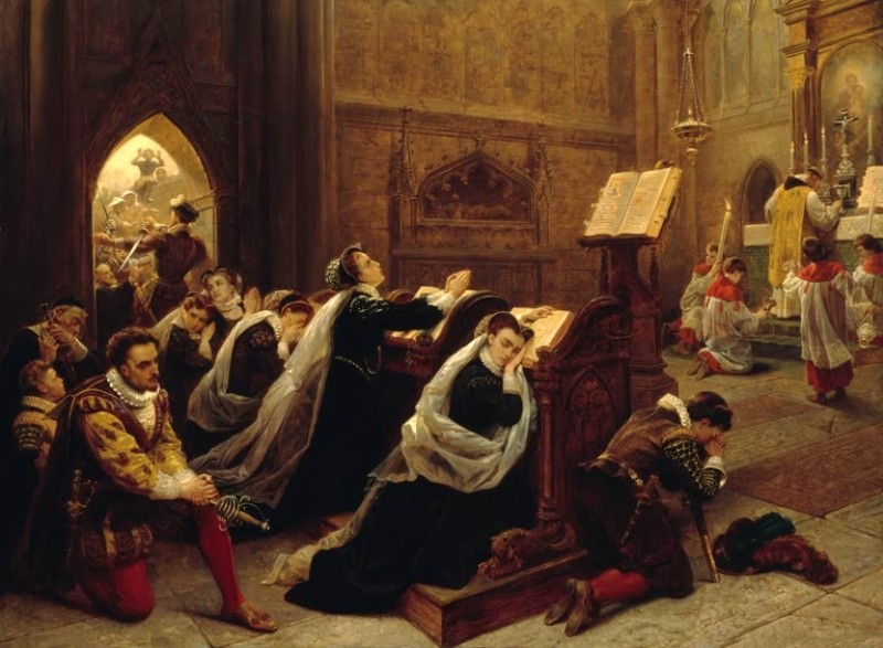 Leutze | Maria Stuart nach ihrer Rückkehr aus Frankreich in Hollyroodhouse bei ihrer ersten Messe, 1866 Maria Stuart nach ihrer Rückkehr aus Frankreich in Hollyroodhouse bei ihrer ersten Messe, 1866 | Leutze