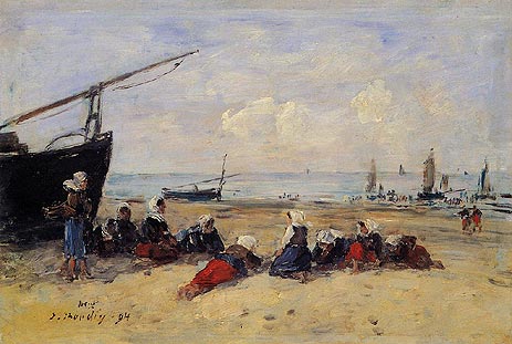 Berck, Fisherwomen on the Beach, Low Tide, 1894 | Eugene Boudin | Painting Reproduction