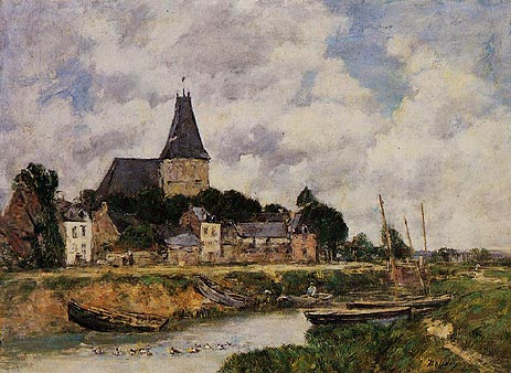 Quillebeuf, View of the Church from the Canal, 1893 | Eugene Boudin | Painting Reproduction