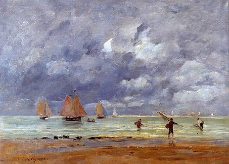 Fishermen and Sailboats near Trouville, 1892 | Eugene Boudin | Painting Reproduction