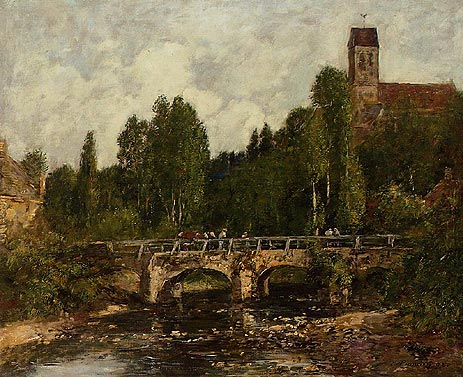 Saint-Céneri, die Kirche und die Brücke | Eugene Boudin | Gemälde Reproduktion