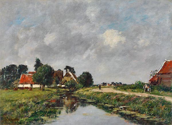 Dorf und Fluss um Dünkirchen, 1889 | Eugene Boudin | Gemälde Reproduktion