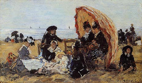 Trouville, on the Beach Sheltered by a Parasol, 1885 | Eugene Boudin | Painting Reproduction