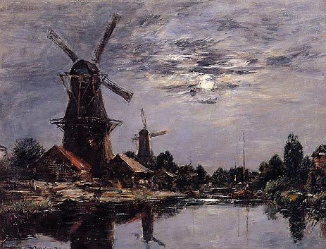 Windmills and Canal near Dordrecht, 1884 | Eugene Boudin | Painting Reproduction