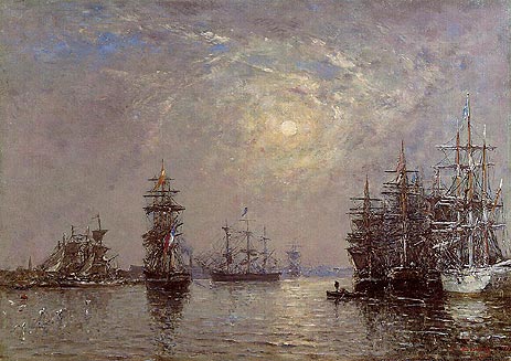 Le Havre; European Basin, Sailing Ships at Anchor, 1870 | Eugene Boudin | Painting Reproduction
