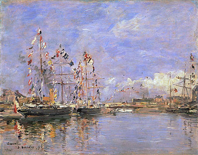 Deauville, mit Flaggen geschmückte Schiffe im Binnenhafen | Eugene Boudin | Gemälde Reproduktion