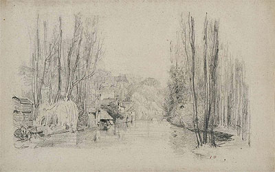 River Landscape with Houses and Bridge, late 1850s | Eugene Boudin | Painting Reproduction
