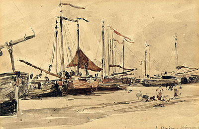 Fishing Boats on the Beach at Scheveningen, 1876 | Eugene Boudin | Gemälde Reproduktion