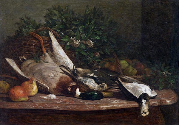 Stilleben mit Wild, Früchten und Blumen, c.1854/57 | Eugene Boudin | Gemälde Reproduktion