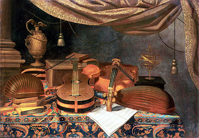 A Guitar, a Cello, Lutes, a Musical Score and Other Books and an Armillary Globe on a Draped Table, 1670 | Baschenis | Painting Reproduction