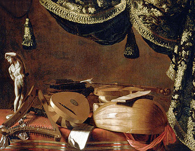 Still Life with Musical Instruments and a Statuette, c.1660 by Baschenis | Painting Reproduction