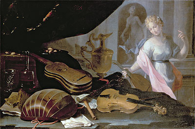 Still Life of Musical Instruments, with a Female Figure, Undated | Baschenis | Painting Reproduction