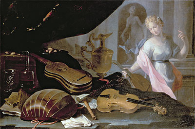 Still Life of Musical Instruments, with a Female Figure, n.d. by Baschenis | Painting Reproduction