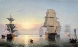 Boston Harbor, Sunset, c.1850/55 by Fitz Henry Lane | Painting Reproduction