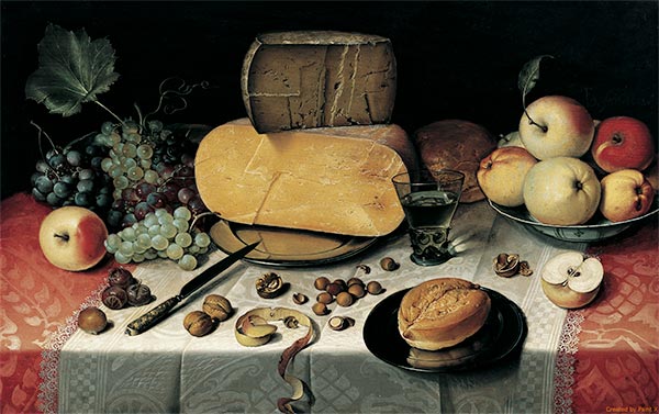 Still Life with Fruit, Nuts and Cheese, 1613 | Floris van Dijck | Gemälde Reproduktion