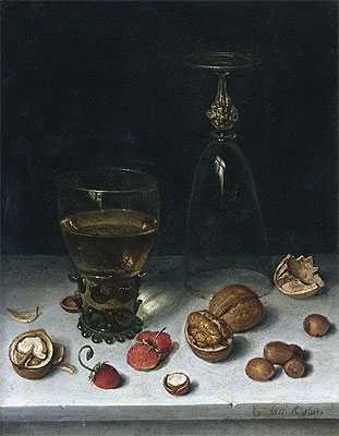 Still Life with Walnuts, Hazelnuts and Strawberries, 1611 | Floris van Dijck | Painting Reproduction