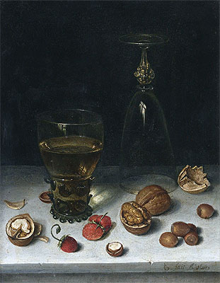 Still Life with Walnuts, Hazelnuts and Strawberries, 1611 by Floris van Dijck | Painting Reproduction