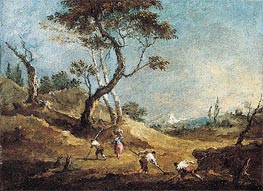 A Pastoral Landscape with Peasants Hoeing and a Washerwoman Before Some Trees, c.1770 von Francesco Guardi | Gemälde-Reproduktion