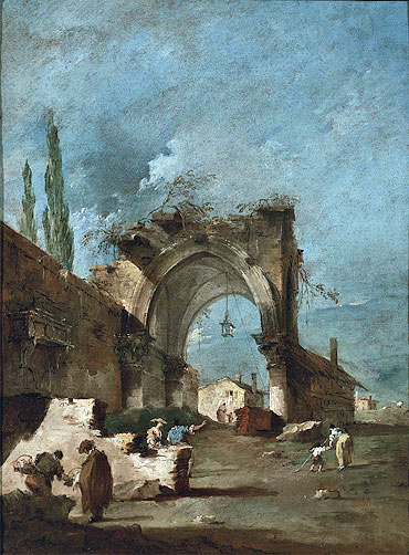 A Capriccio of Buildings on the Laguna with Figures by a Ruined Arch, c.1778/80 | Francesco Guardi | Painting Reproduction