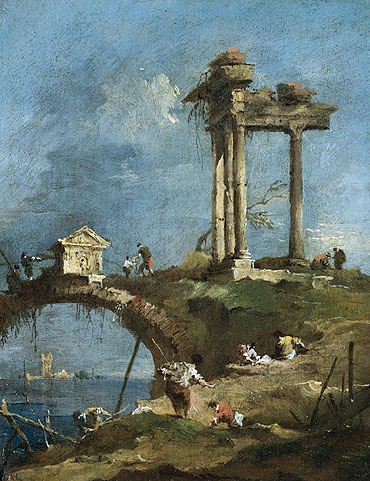 A Capriccio View of a Ruined Temple near a Bridge | Francesco Guardi | Painting Reproduction