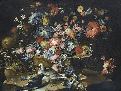 A Still Life with Various Flowers in a Basket, Together with Two Doves in Landscape, undated | Francesco Guardi | Gemälde Reproduktion
