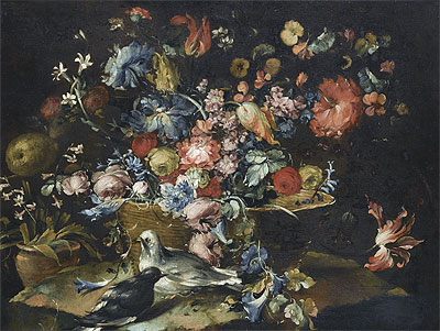 A Still Life with Various Flowers in a Basket, Together with Two Doves in Landscape | Francesco Guardi | Painting Reproduction