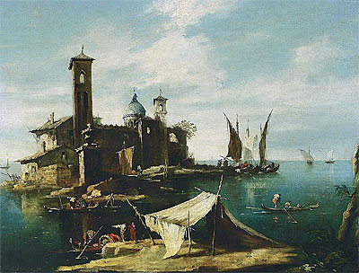 A Capriccio of a Venetian Lagoon with Fishermen in Gondolas, undated | Francesco Guardi | Gemälde Reproduktion