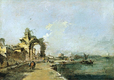 A Venetian Capriccio of the Lagoon with Figures and a Ruined Arch Beyond, c.1775/80 | Francesco Guardi | Painting Reproduction