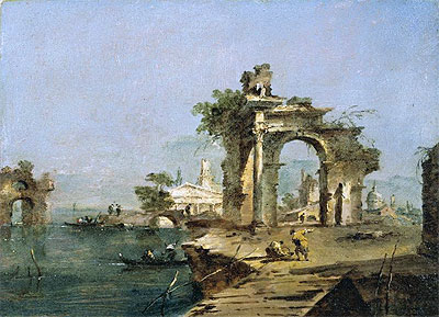 A Venetian Capriccio with Figures by the Lagoon a Ruined Arch and Temple Beyond, c.1775/80 | Francesco Guardi | Painting Reproduction