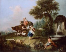 Landschaft mit Springbrunnen, Figuren und Tieren, b.1788 von Francesco Zuccarelli | Gemälde-Reproduktion