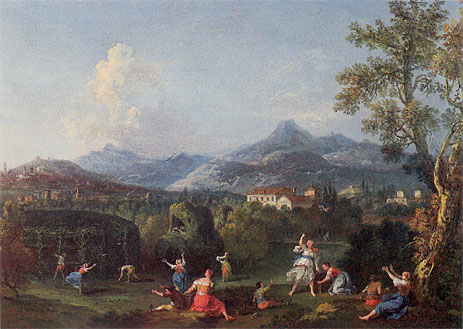 An Italianate Landscape with Women Sporting with a Decoy Bird, undated | Francesco Zuccarelli | Painting Reproduction