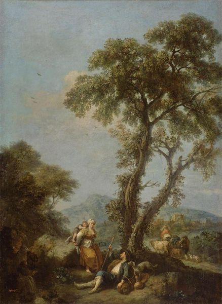 Landschaft mit einer Frau, die ein Kind trägt, 1740s | Francesco Zuccarelli | Gemälde Reproduktion