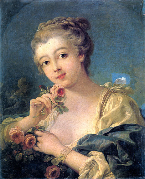 Young Woman with a Bouquet of Roses, undated | Boucher | Painting Reproduction