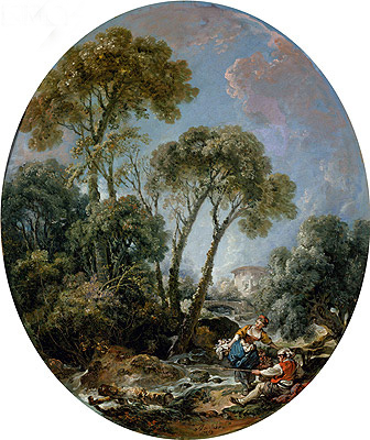 Landschaft mit Fischer und einer jungen Frau | Boucher | Gemälde Reproduktion